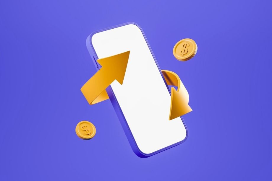 Illustration shows coins around a cell phone to represent return on rent payments