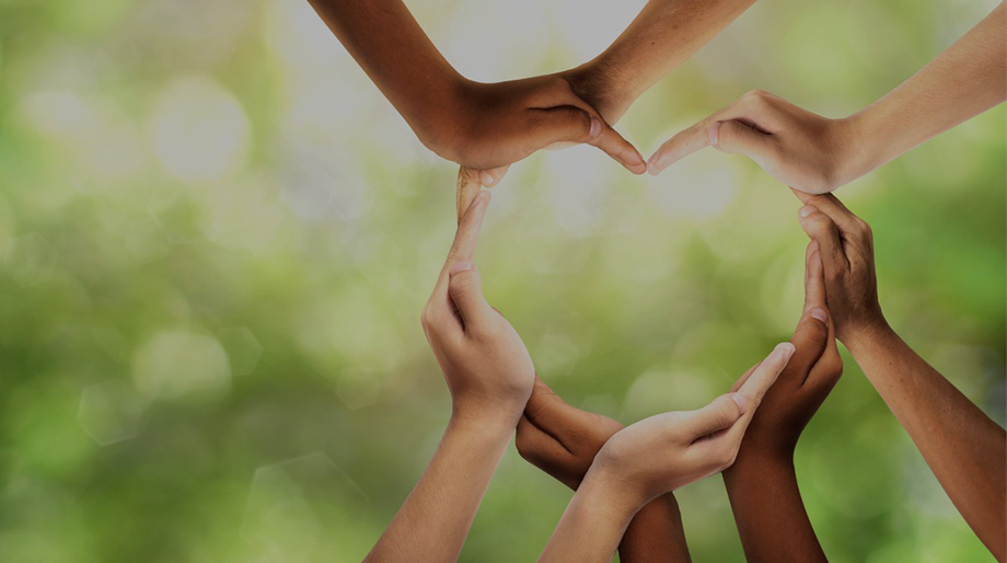 A circle of hands in different skin tones forming the shape of a heart against a blurred green background.